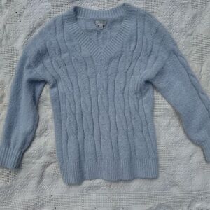 Lucky Brand Fuzzy Blue Cable Knit Eyelash Sweater V-Neck L Whimsigoth Soft Girl